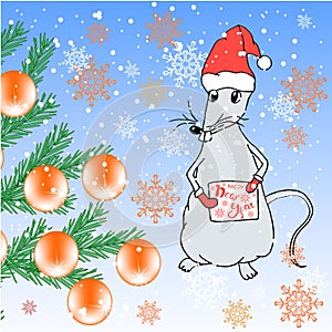 Rat cartoons animal on blue, christmas tree, Happy New Year congratulation card for web, for print art design elements photo